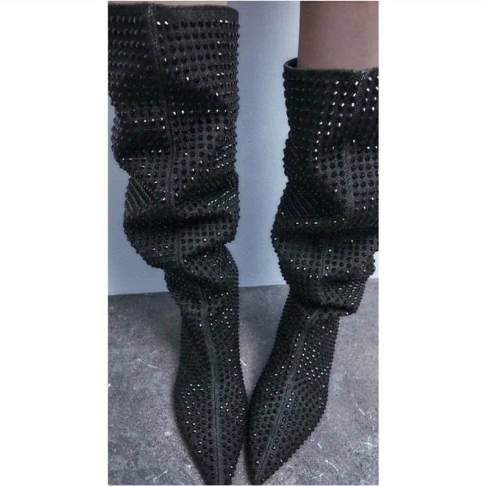 ZARA POINTED TOE RHINESTONE HEELED KNEE HIGH BOOTS - Picture 7 of 9